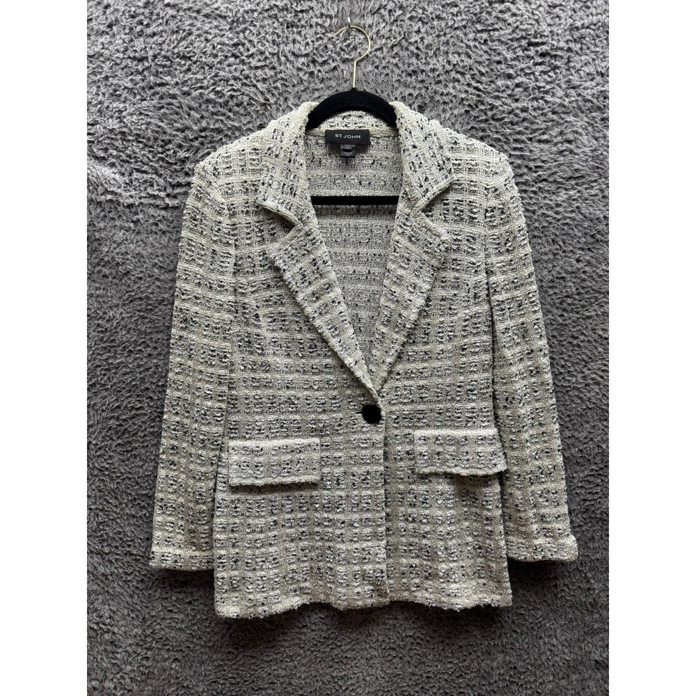 St John Single-Breast One-Button Tweed Blazer Jacket Gray‎ Womens Size 4